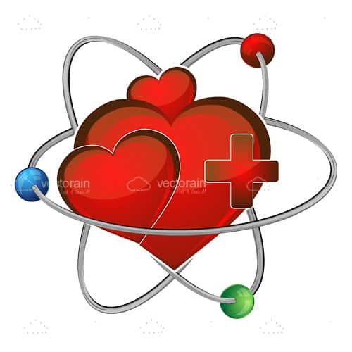 Atom Symbol with Red Hearts and Cross